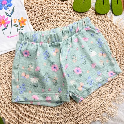 Conj. Blusa Jardim com Borboletas e Short Floral - Off White e Verde